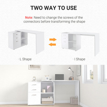 L Shape Computer Desk Workstation with Drawer, Shelf & File Cabinet - White