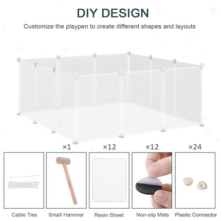 Pet Playpen DIY Small Animal Cage 12-Panel Portable Plastic Fence for Hedgehog Bunny Chinchilla Guinea Pig - White