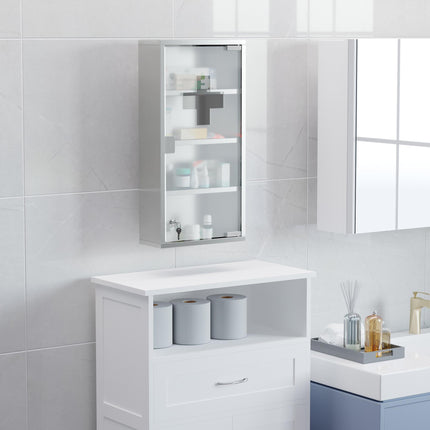 4 Tier Wall Mounted Lockable Medicine Cabinet with Glass Door 60x30x12 cm - Silver