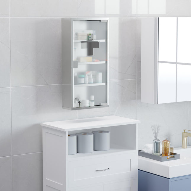 4 Tier Wall Mounted Lockable Medicine Cabinet with Glass Door 60x30x12 cm - Silver