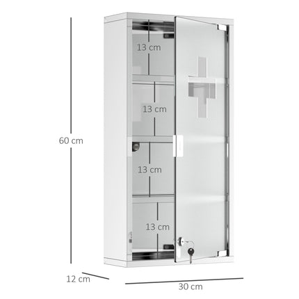 4 Tier Wall Mounted Lockable Medicine Cabinet with Glass Door 60x30x12 cm - Silver
