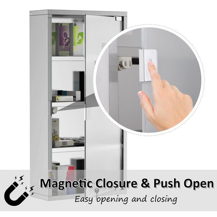 4 Tier Wall Mounted Lockable Medicine Cabinet with Glass Door 60x30x12 cm - Silver