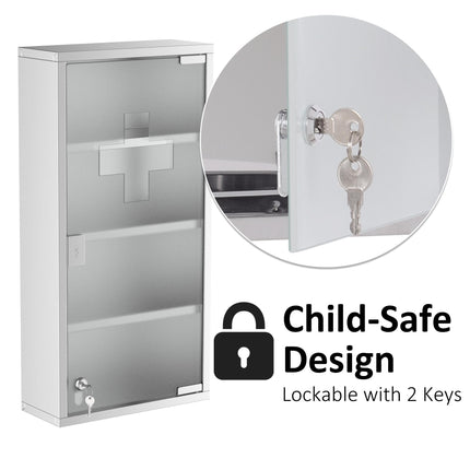 4 Tier Wall Mounted Lockable Medicine Cabinet with Glass Door 60x30x12 cm - Silver