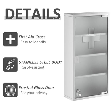4 Tier Wall Mounted Lockable Medicine Cabinet with Glass Door 60x30x12 cm - Silver