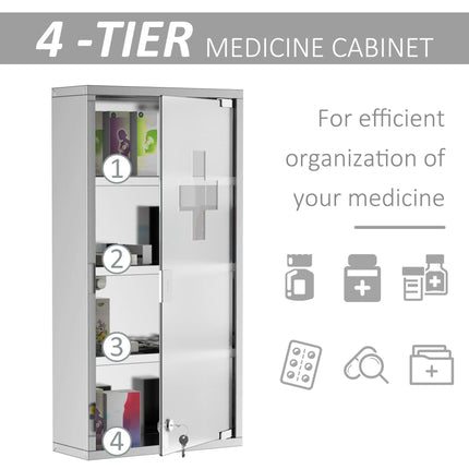 4 Tier Wall Mounted Lockable Medicine Cabinet with Glass Door 60x30x12 cm - Silver