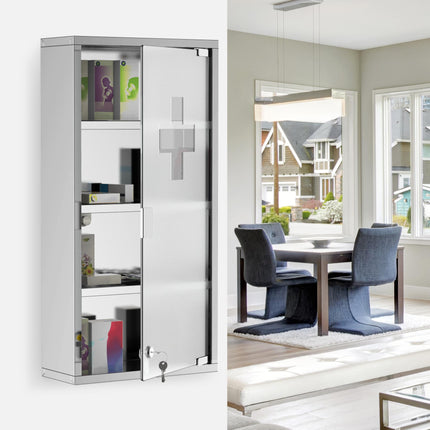 4 Tier Wall Mounted Lockable Medicine Cabinet with Glass Door 60x30x12 cm - Silver