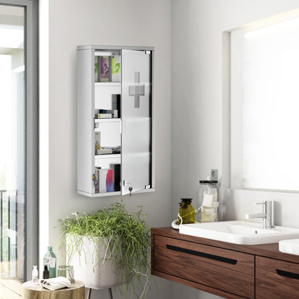 4 Tier Wall Mounted Lockable Medicine Cabinet with Glass Door 60x30x12 cm - Silver