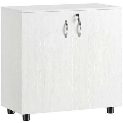 2-Tier Locking Office Storage Cabinet with Melamine Coating, Aluminium Handles & Keys - White