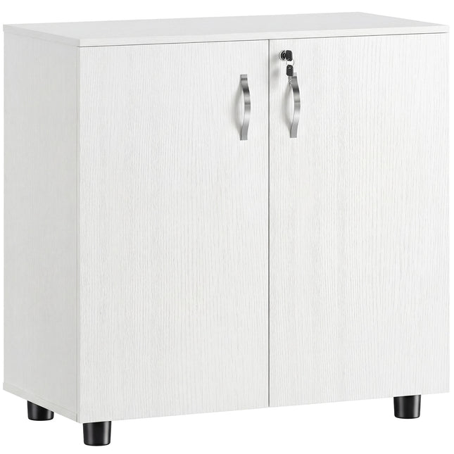 2-Tier Locking Office Storage Cabinet with Melamine Coating, Aluminium Handles & Keys - White