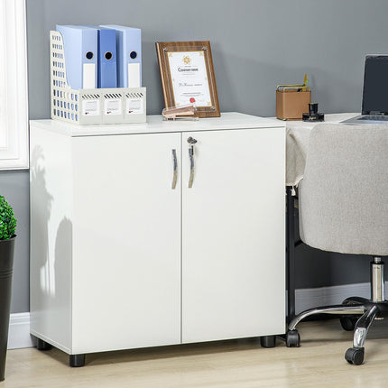 2-Tier Locking Office Storage Cabinet with Melamine Coating, Aluminium Handles & Keys - White