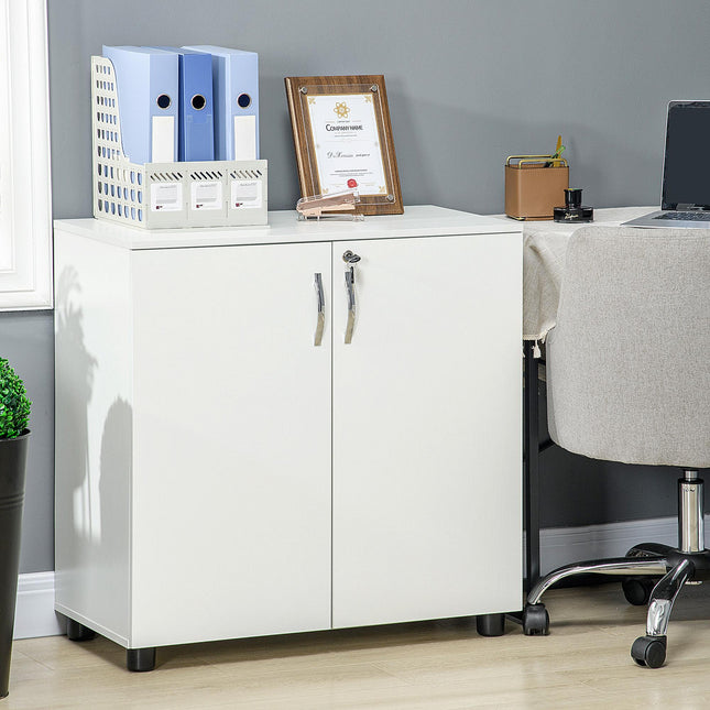 2-Tier Locking Office Storage Cabinet with Melamine Coating, Aluminium Handles & Keys - White