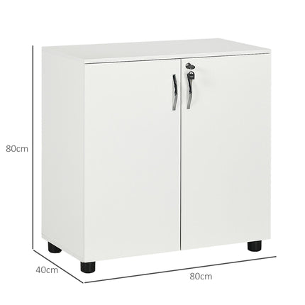 2-Tier Locking Office Storage Cabinet with Melamine Coating, Aluminium Handles & Keys - White