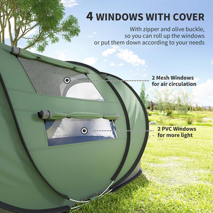 4-5 Person Pop-Up Waterproof Camping Tent with Mesh Windows - Dark Green