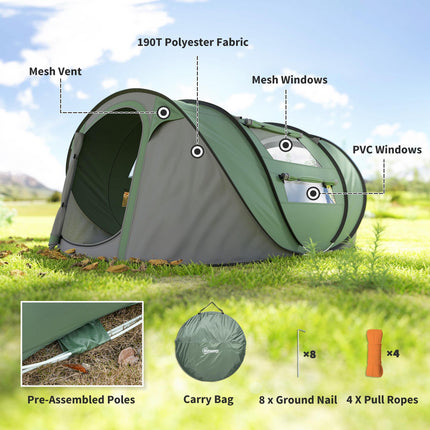 4-5 Person Pop-Up Waterproof Camping Tent with Mesh Windows - Dark Green