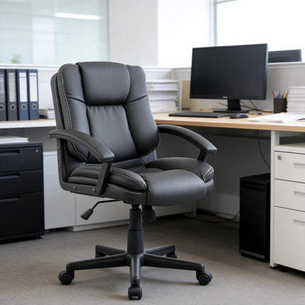 Mid Back Swivel Executive Office Chair with Double-Tier Padding and Wheels - Black