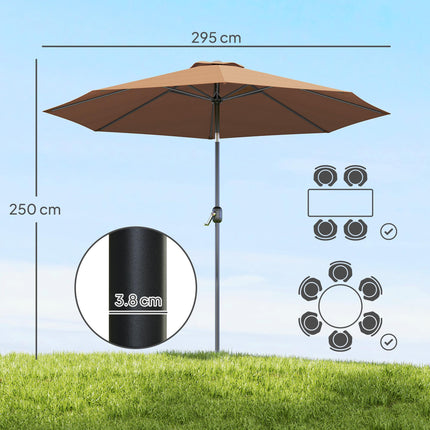3m Tilting Parasol Garden Umbrella with 8 Ribs and Crank Handle for Balcony, Bench, Garden - Coffee