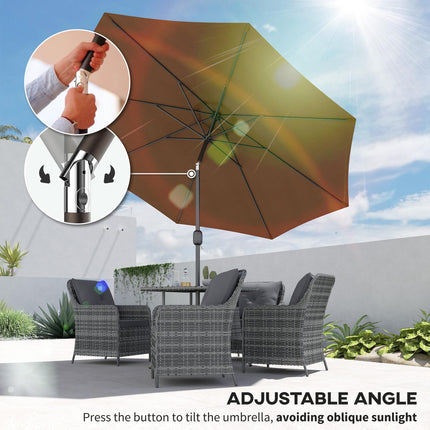 3m Tilting Parasol Garden Umbrella with 8 Ribs and Crank Handle for Balcony, Bench, Garden - Coffee