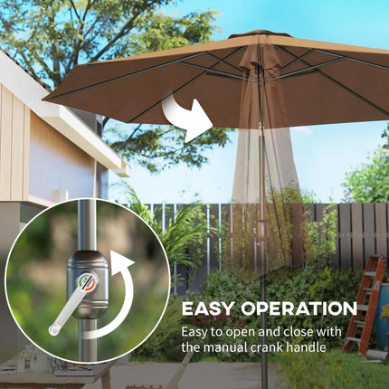 3m Tilting Parasol Garden Umbrella with 8 Ribs and Crank Handle for Balcony, Bench, Garden - Coffee