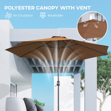 3m Tilting Parasol Garden Umbrella with 8 Ribs and Crank Handle for Balcony, Bench, Garden - Coffee