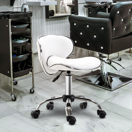 PU Leather Rolling Swivel Salon Stool with Backrest Adjustable Height - White