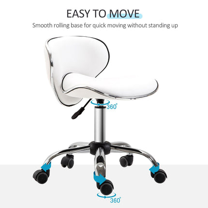 PU Leather Rolling Swivel Salon Stool with Backrest Adjustable Height - White