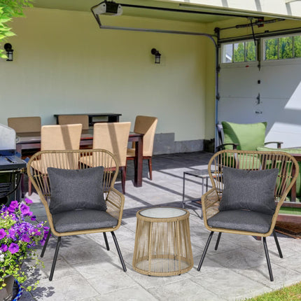 2 Seater Outdoor Wicker Rattan Bistro Set with Metal Legs - Coffee Brown