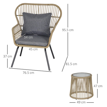 2 Seater Outdoor Wicker Rattan Bistro Set with Metal Legs - Coffee Brown