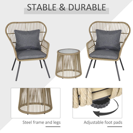 2 Seater Outdoor Wicker Rattan Bistro Set with Metal Legs - Coffee Brown