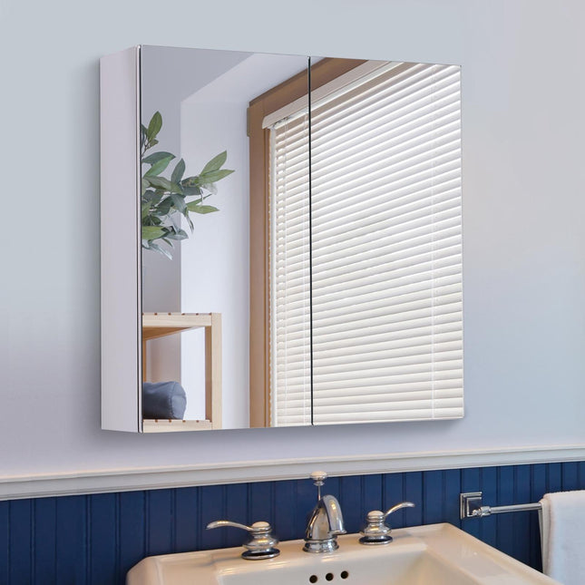 Stainless Steel Bathroom Mirror Cabinet with Double Doors 60cm Wide - Silver