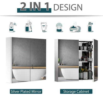 Stainless Steel Bathroom Mirror Cabinet with Double Doors 60cm Wide - Silver