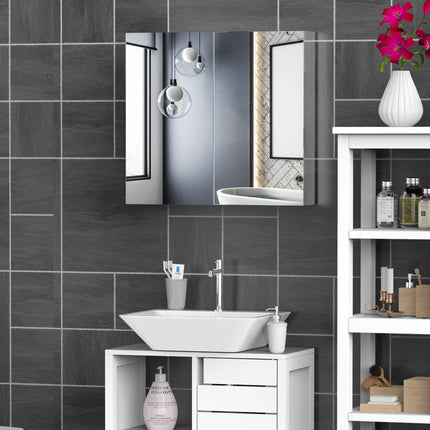 Stainless Steel Bathroom Mirror Cabinet with Double Doors 60cm Wide - Silver