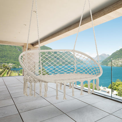 Large Hanging Hammock Chair Cotton Rope Porch Swing with Metal Frame - Cream White