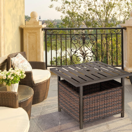Outdoor Rattan Patio Coffee Table with Storage and Parasol Hole - Brown