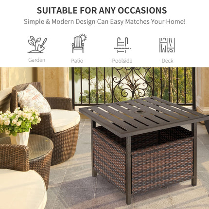Outdoor Rattan Patio Coffee Table with Storage and Parasol Hole - Brown