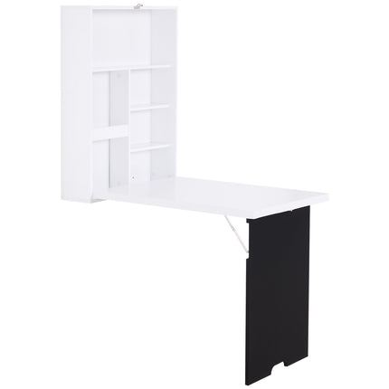 Folding Wall-Mounted Drop-Leaf Table with Chalkboard Shelf - White