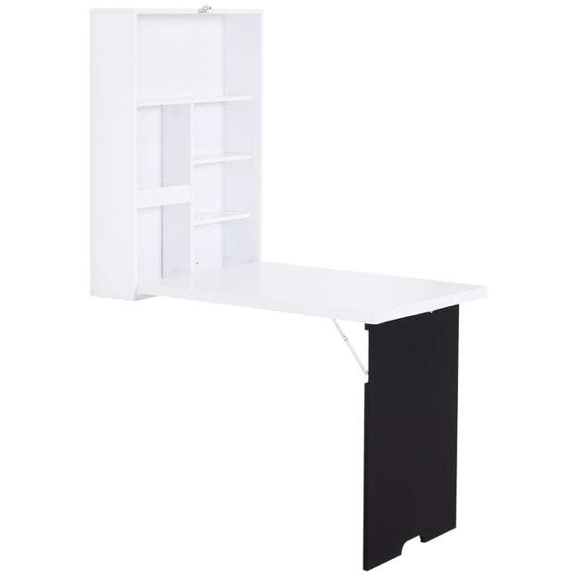 Folding Wall-Mounted Drop-Leaf Table with Chalkboard Shelf - White