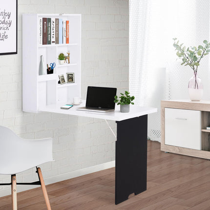 Folding Wall-Mounted Drop-Leaf Table with Chalkboard Shelf - White