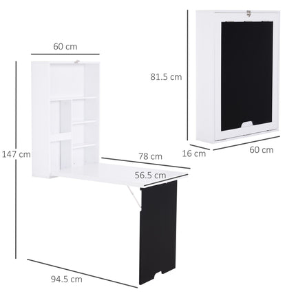 Folding Wall-Mounted Drop-Leaf Table with Chalkboard Shelf - White
