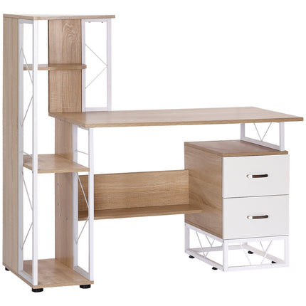 Computer Writing Desk PC Workstation with 2 Drawers & Multi Shelves - Oak