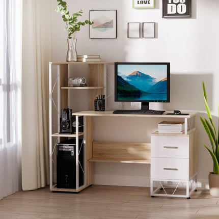 Computer Writing Desk PC Workstation with 2 Drawers & Multi Shelves - Oak