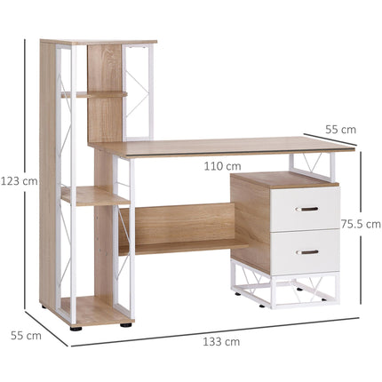 Computer Writing Desk PC Workstation with 2 Drawers & Multi Shelves - Oak