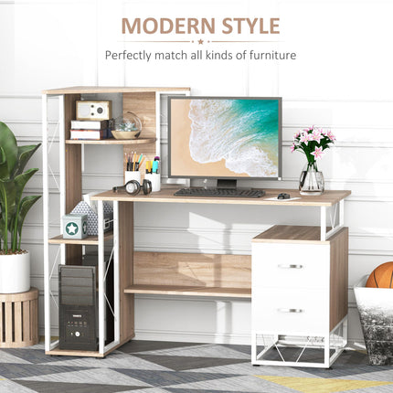 Computer Writing Desk PC Workstation with 2 Drawers & Multi Shelves - Oak