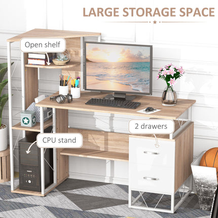 Computer Writing Desk PC Workstation with 2 Drawers & Multi Shelves - Oak