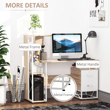 Computer Writing Desk PC Workstation with 2 Drawers & Multi Shelves - Oak