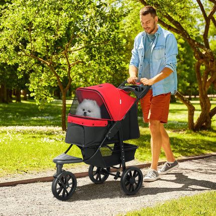 Oxford Cloth Folding 3-Wheel Pet Stroller for Small Dogs - Red/Black