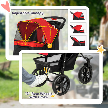 Oxford Cloth Folding 3-Wheel Pet Stroller for Small Dogs - Red/Black