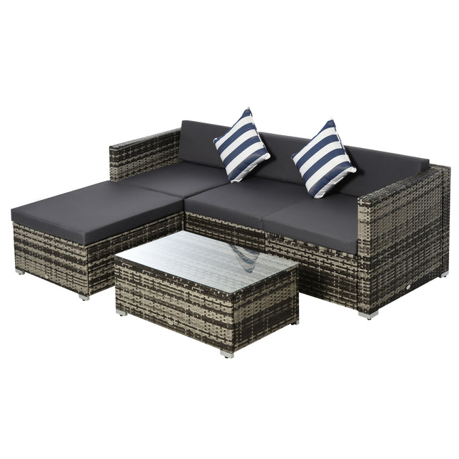 4-Seater Garden Rattan Furniture Set with Cushions and Glass Table - Mixed Grey