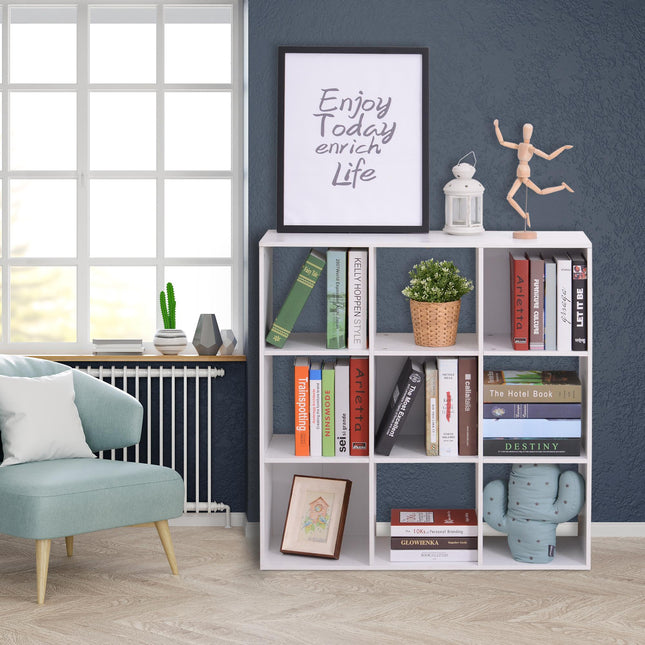 Wooden 9 Cube Storage Unit with 3 Tier Shelves Organiser Rack - White