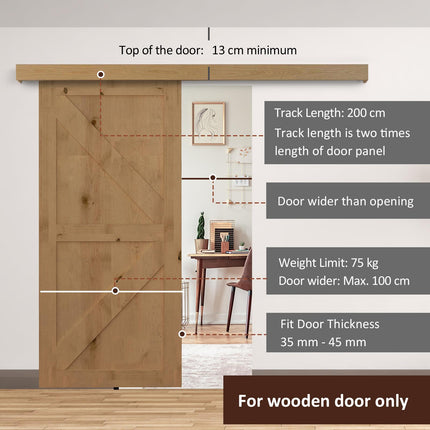 6.5FT 2000mm Sliding Barn Door Hardware Track Kit for Single Wooden Door - Brown