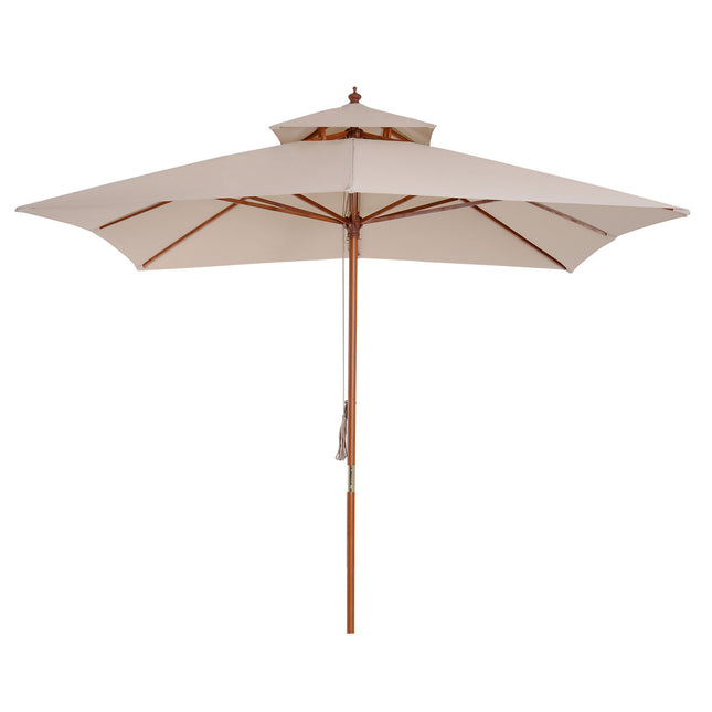 3x3M Double Tier Patio Parasol Garden Sun Umbrella with Wooden Canopy - Beige